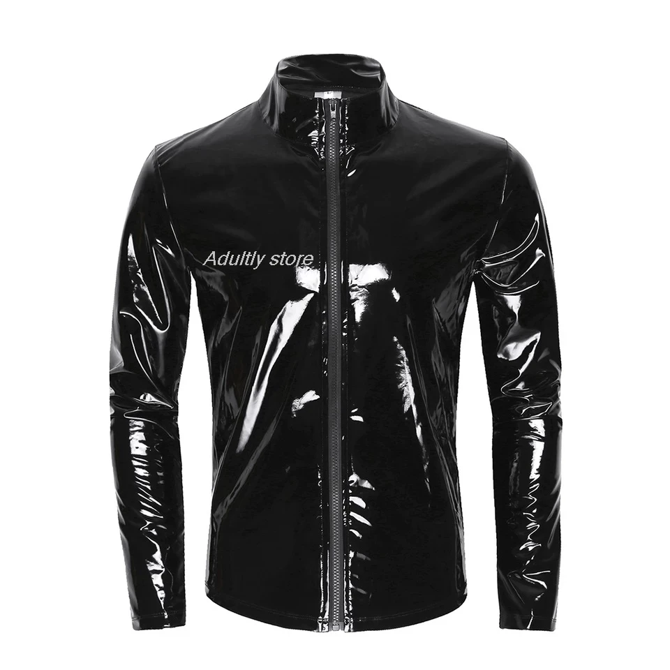 

Mens Cosplay Sexy Shiny Wetlook Leather Shirt Erotic Shaping Sheath Latex Casual Coat Male Glossy Metallic PVC Leather Jacket