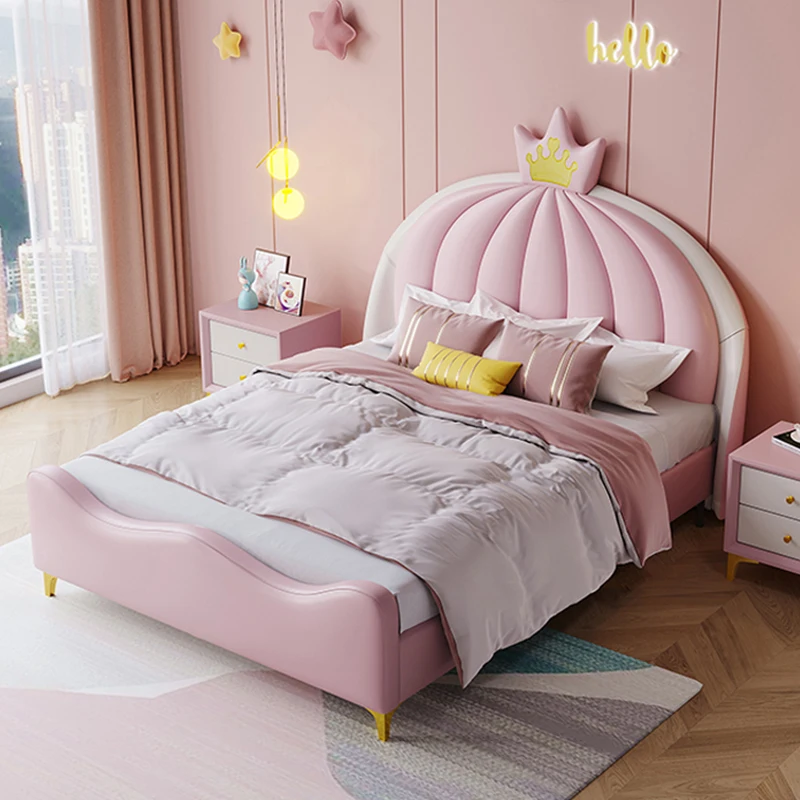 With Crown Simple Design Upholstered Storage Bed Pink Leather Children's Bed for Girls Double Modern Princess Children's Bed Set