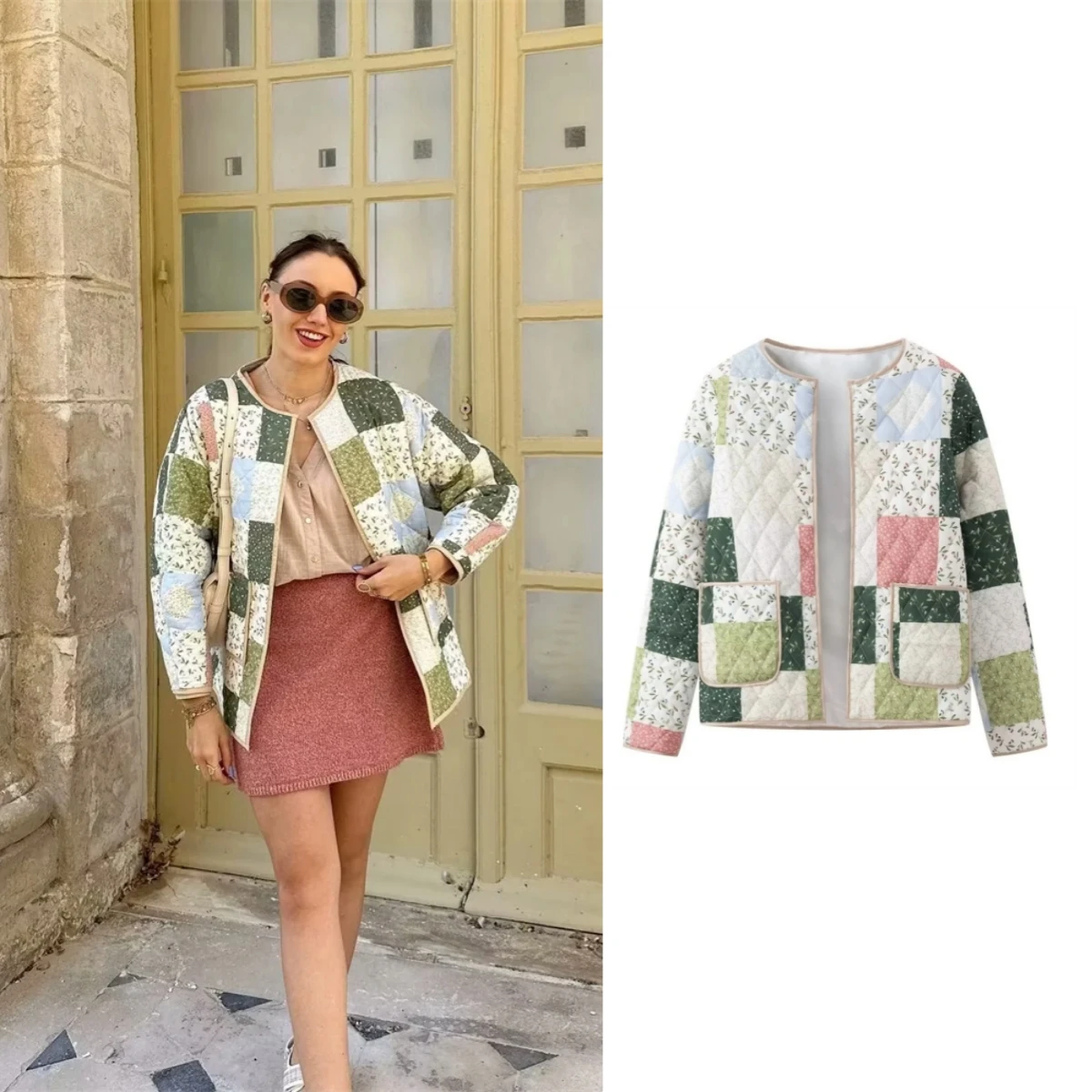 

PB&ZA2024 casual style temperament simple round neck print sweet style loose double pocket jacket for women