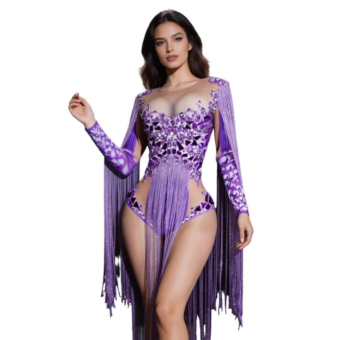 

Sexy Purple Rhinestone Jumpsuit Tassel Drag Queen Stage Performer Costume Female Singer Dance Outfit Celebration Birthday Dress