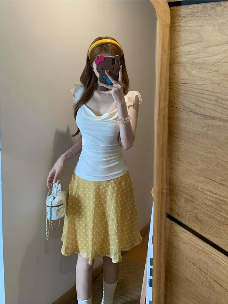 

Summer High Waist A-Line Skirt And T-Shirt Set Women's Fashion plus Size Clothing Pure Desire Style Bell Sleeve Tops