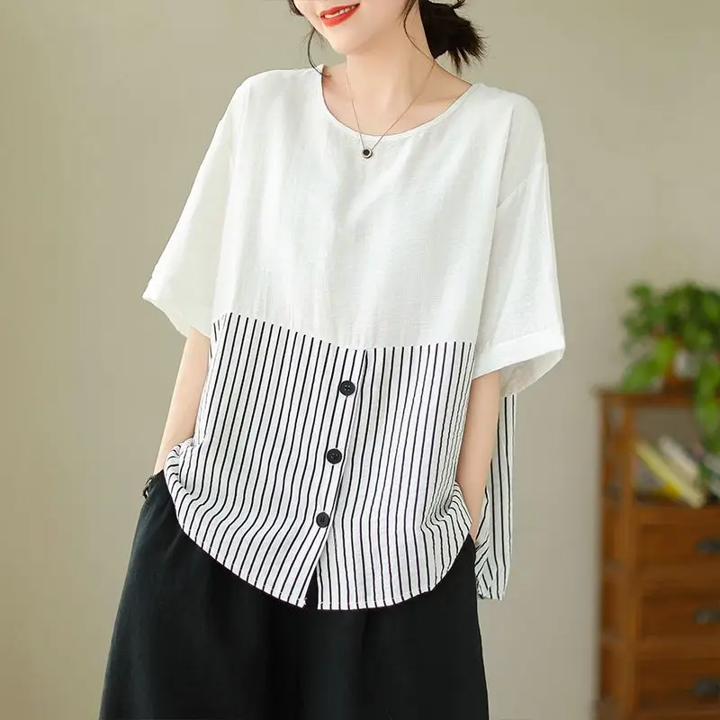 Korean fashion Summer New Women\'s O-Neck Striped Button Patchwork Simplicity Casual Versatile  short Sleeve Loose shirt Tops