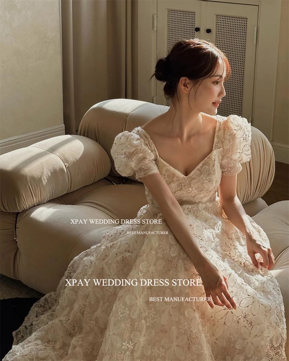 XPAY Princess Lace Korea Wedding Dresses A Line Draped Short Puff Sleeve Backless Bridal Gown Photos Shoot Custom Bride Dress