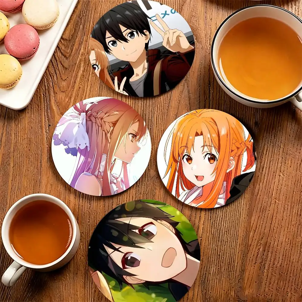 A-Asuna and Kirito S-Sword Art Online Round Wooden Coaster Decorative Coffee Cup for Use in Coffee Shops Bars