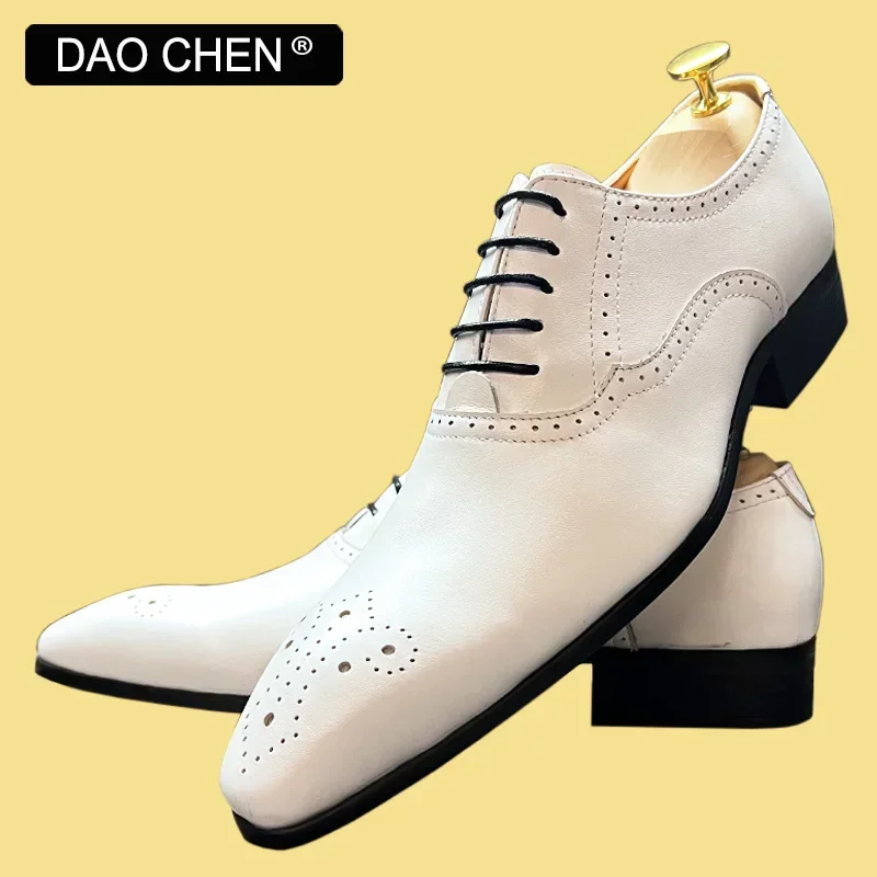 Zapatos de OXFORD italianos para hombre, vestido de lujo con cordones en BROGUE blanco y negro, zapatos de boda de negocios para oficina para