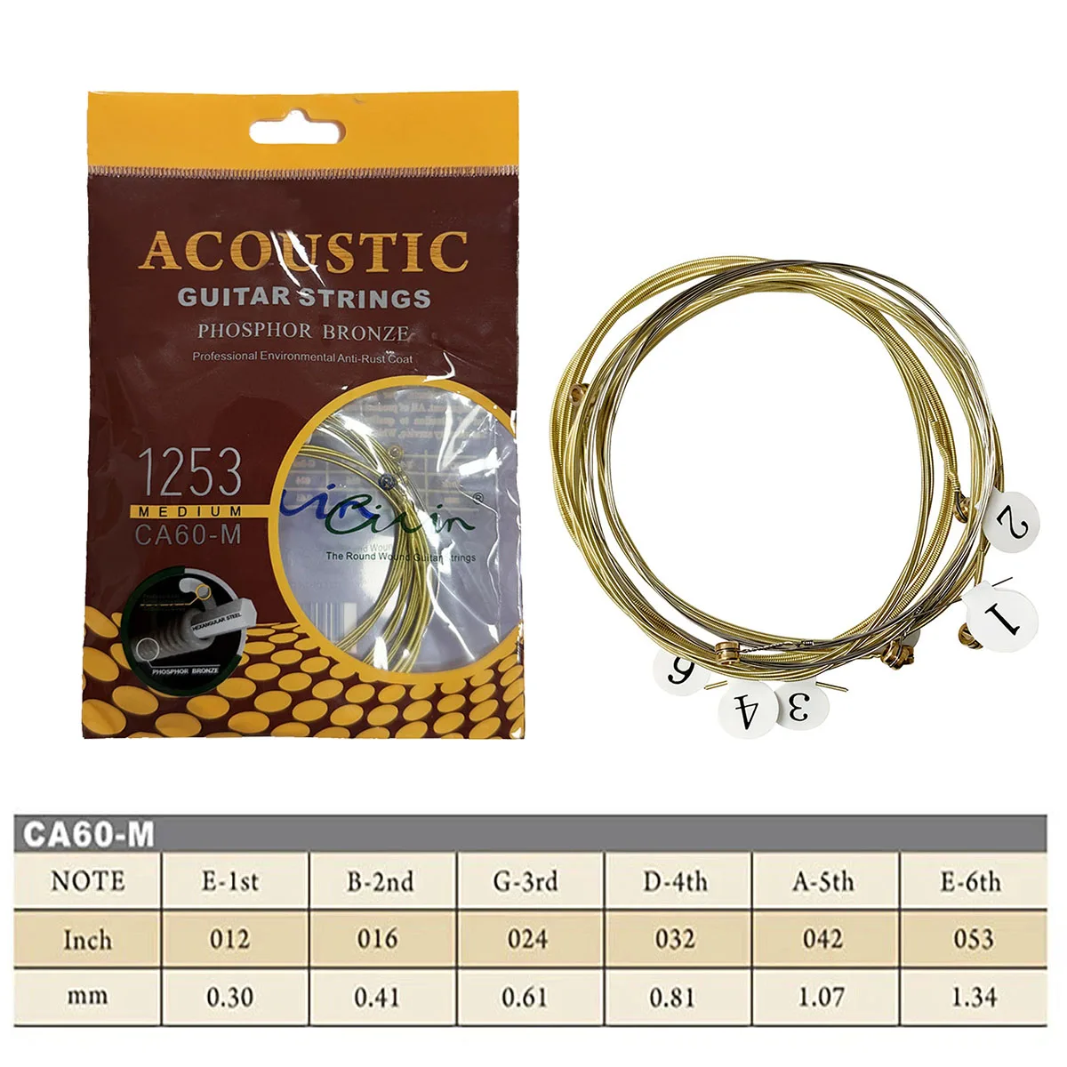 Civin CA60-M Acoustic Guitar Strings – Phosphor Bronze, Medium Gauge 012-053, Anti-Rust Coating, Hex Core, Round Wound, 6pcs