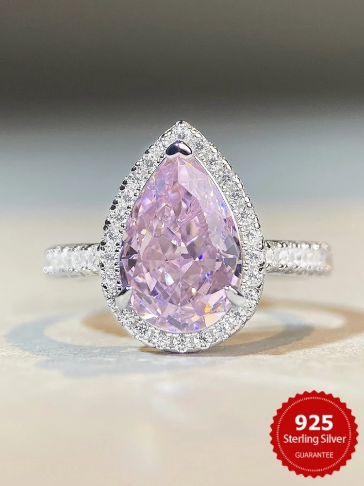 

925 Sterling Silver Gorgeous 5CT Big Stone Pink Zircon Water Drop Ring For Women Engagement Luxury High Quality Fine Jewelry