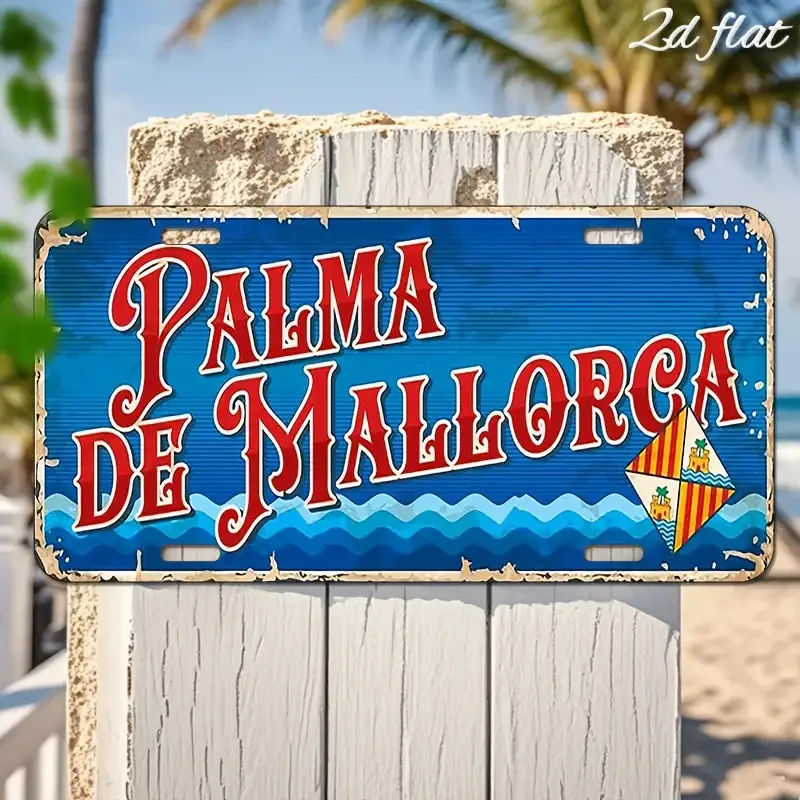 Placa de metal grande 2D plana, 1 pieza - Diseño Palm Mallorca en rojo, azul, blanco - Agujeros preperforados para una fácil suspensión
