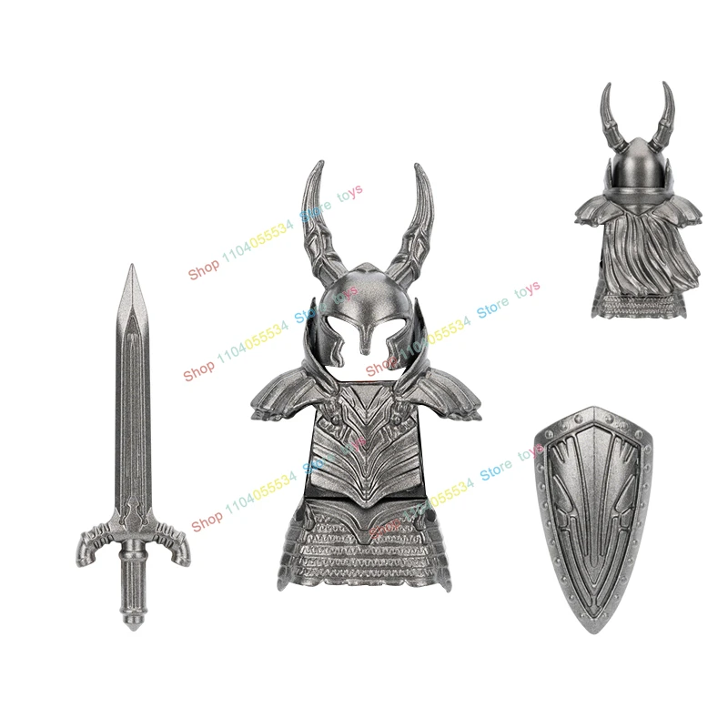 HN570-573 Ancient Military Cavalry Bricks Hoplite Black Silver Knight Building Block Helmet Shield Armor Action Figure Kid Toys