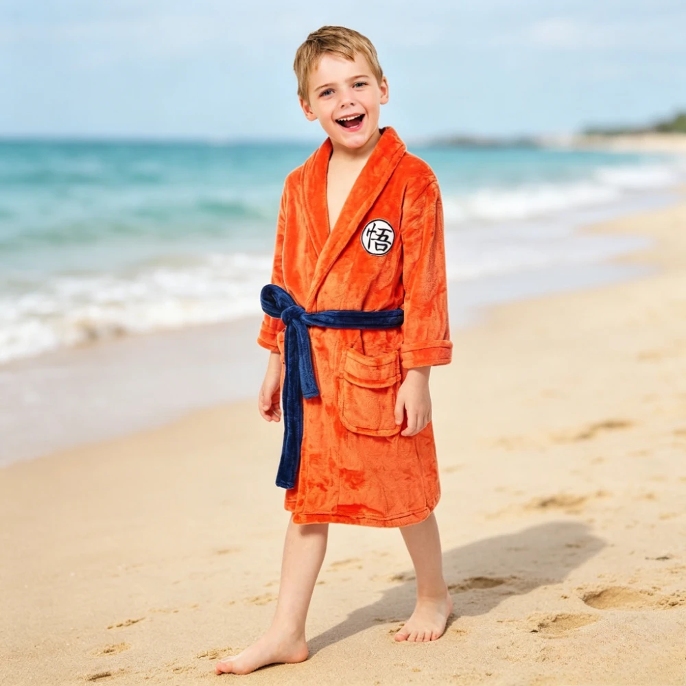 Adults Kids Dragon Ball Goku Flannel Bathrobe Beach Towel Orange Cosplay Dressing Gown Boys Warm Loungewear Night Robe Bath Spa