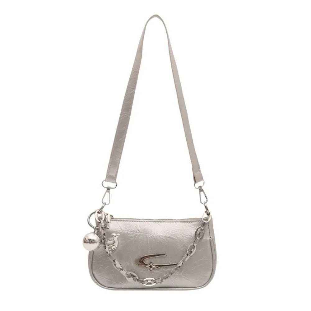 PU Y2K Shoulder Bag Metal Ball Pendant Pleated Design Metal Chain Hobo Handbag White Color Zipper Closure Underarm Bag Dating