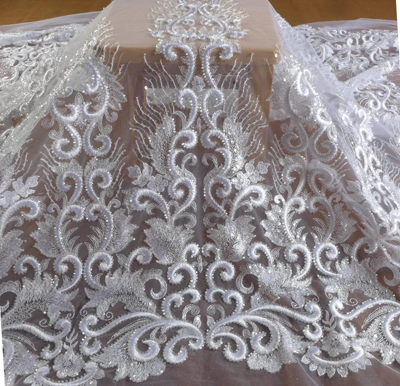 La Belleza fashion bridal lace, heavy embroidery lace fabric, white beading wedding dress lace fabric 51\'\' width 1 yard