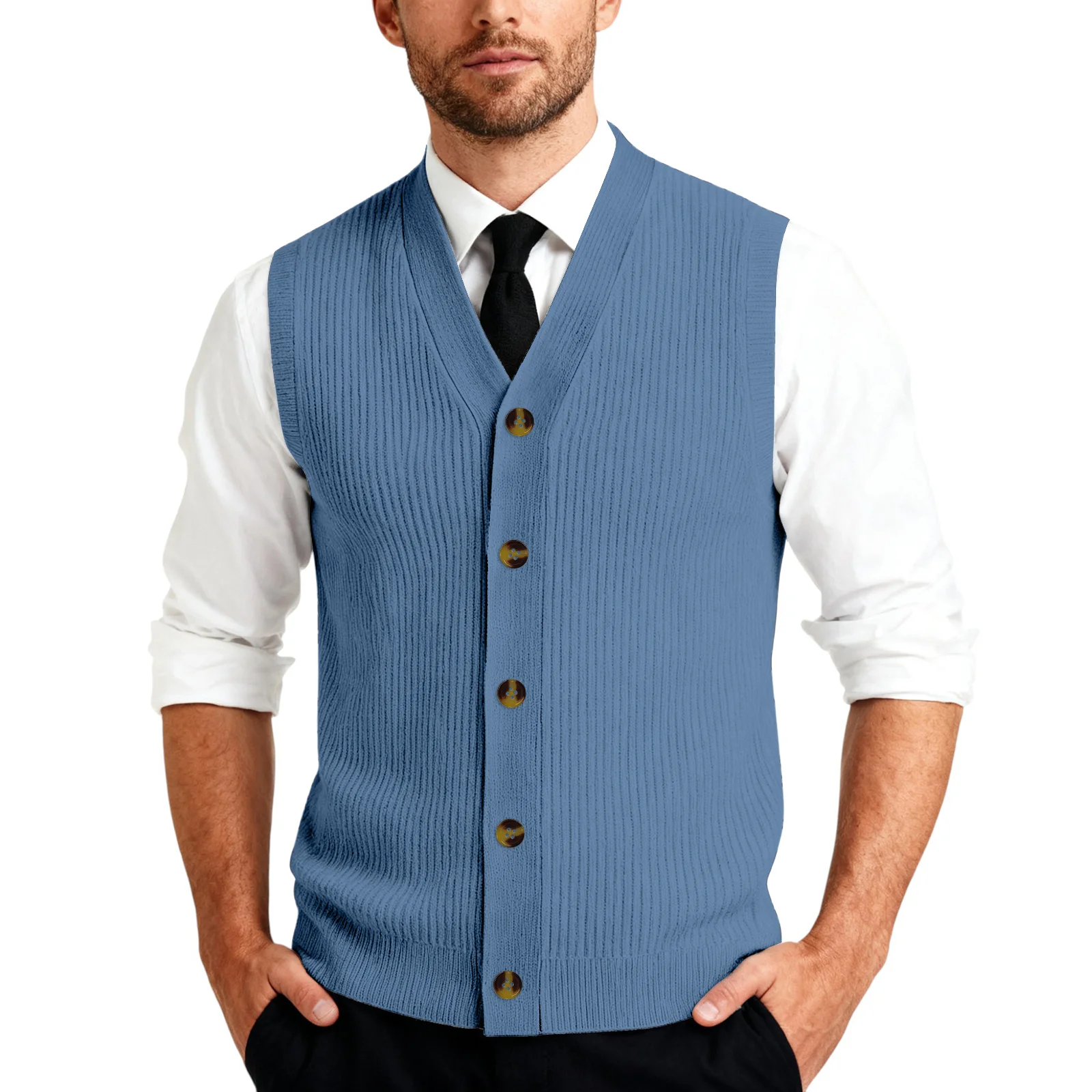 

Autumn Winter Men's V-Neck Sleeveless Knit Cardigan Vest Solid Color Single-breasted Knitted Vest Business Casual Sweater Vests