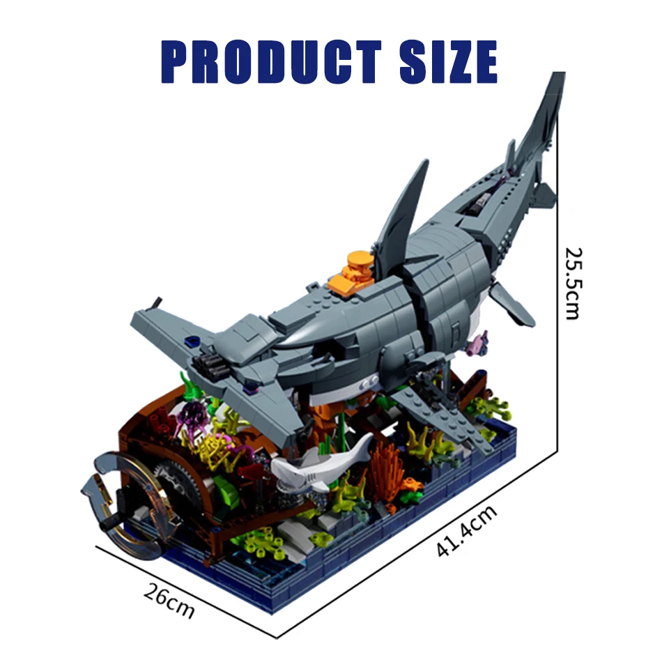 Juego de bloques de construcción de tiburón Hammerhead mecánico con soporte de exhibición y conexión de engranajes, modelo de tiburón de la vida marina, juguete para regalo para niños
