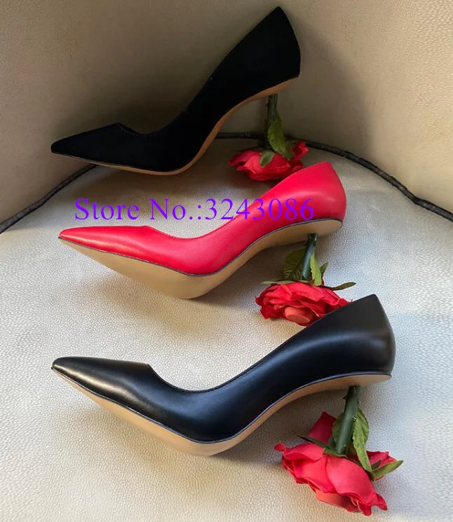 New Black Leather Rose Heel Lady Pumps Fashion Design Pointed Toe Strange Heel Dress Shoes Sexy Female High Heels Single Shoes