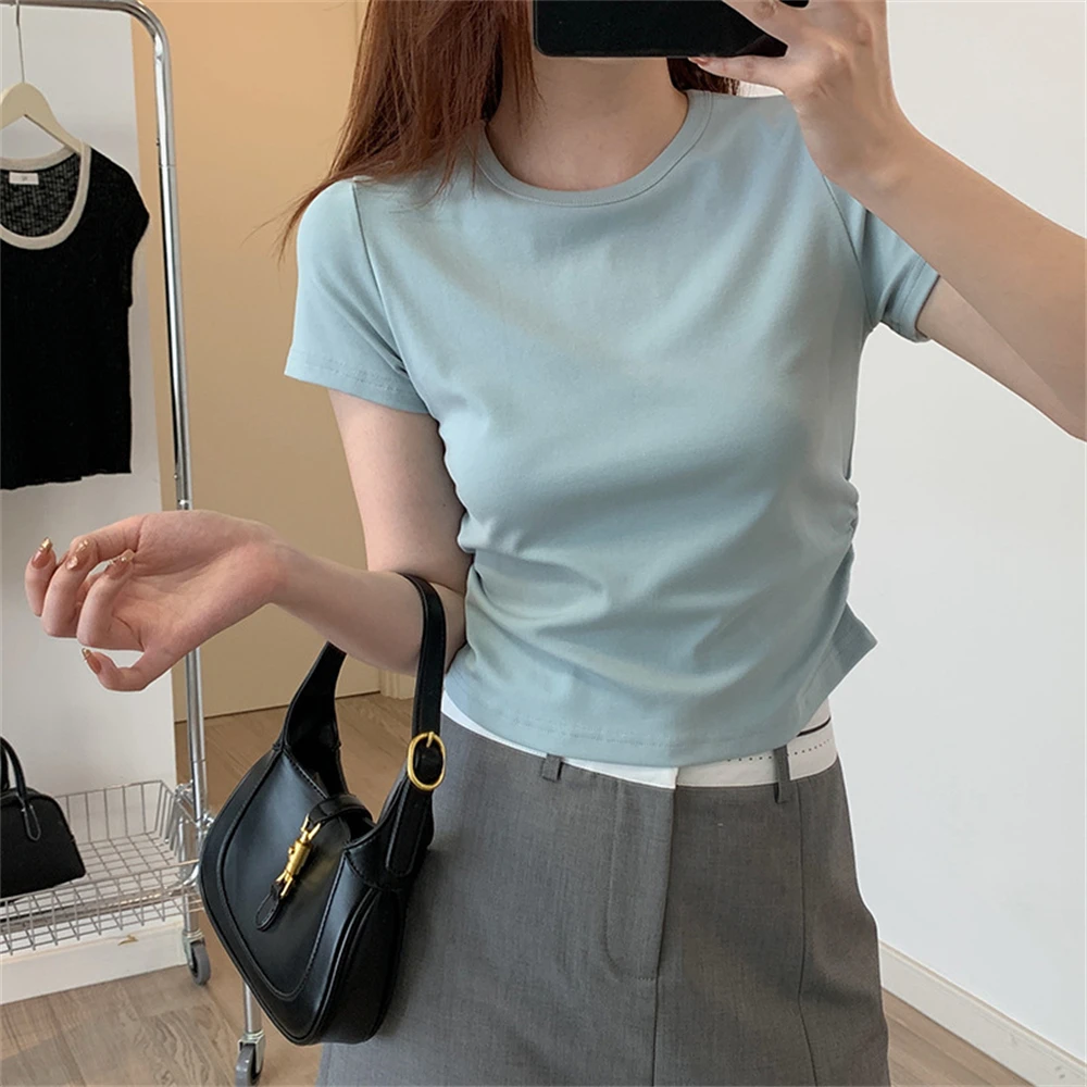 Female Round Neck Short Sleeve T-shirt Summer New Waist Pleated Design Tees Short Tops Basic All-match Slim Fit Bottoming Shirt