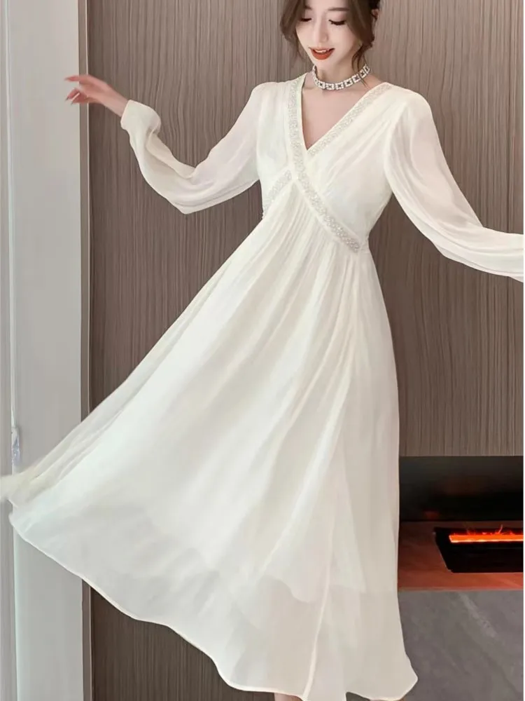 

Women Sexy V Neck Midi Dress Summer New French Solid Long Sleeve Slim Waist Fairy Clothing Elegant Chic Evening Party Robe