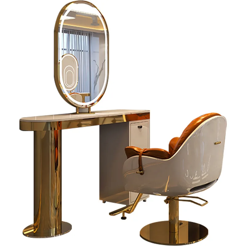 Double-sided mirror table Marble hair salon special hair cutting mirror Stainless steel perm and dyeing table with lamp