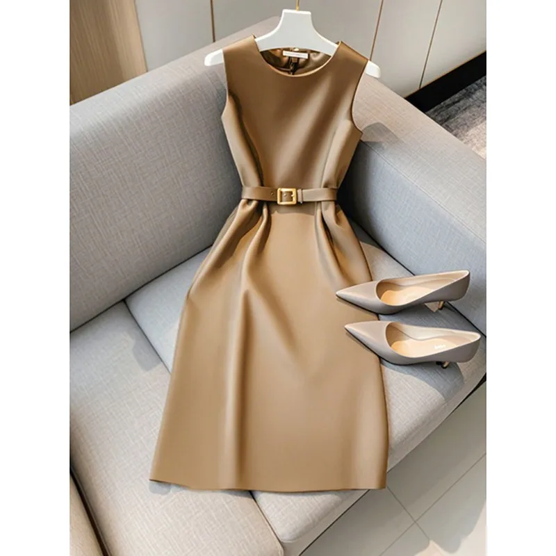 French Royal Sister, Light and Mature Style, High-end Sense, Beautiful Temperament, Thin Khaki Sleeveless Dress, Female Summer