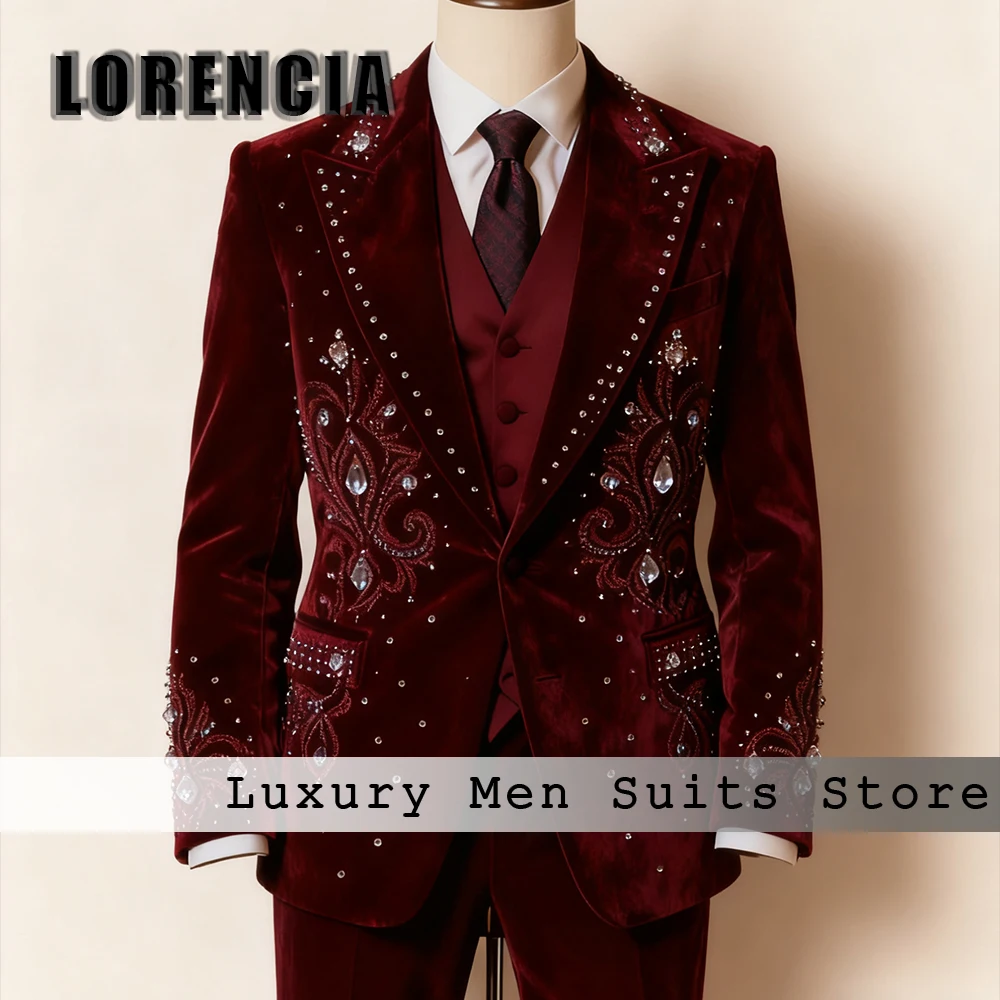 

Elegant Crystal Male Suits 3 Pieces Velvet Tuxedos Set Evening Party Prom Outfits Customized Blazer Pants Vest costumes homme