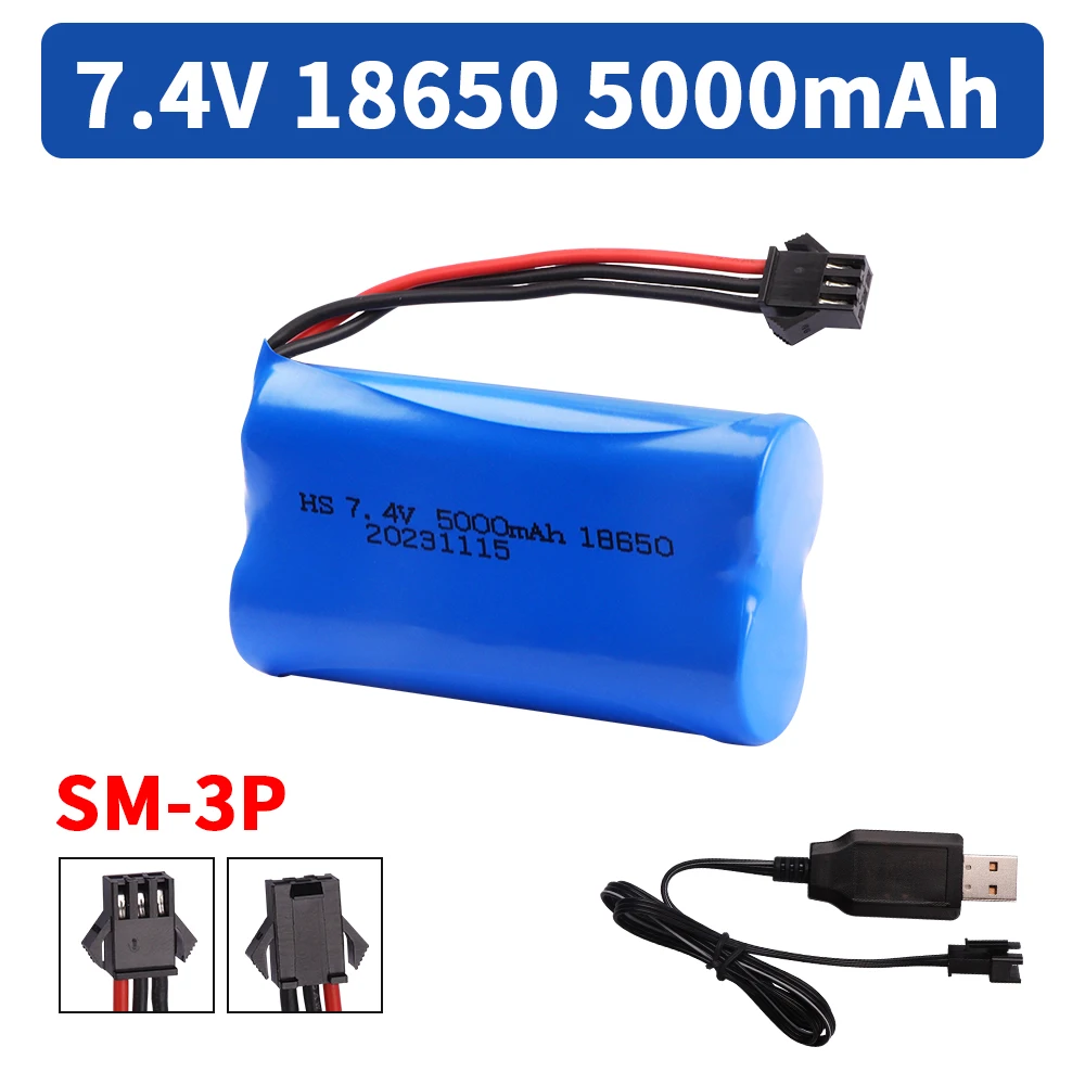 Batería lipo de 7,4 V, 5000mAh, 18650 + cargador para MN128, reloj de coche, detección de gestos, torcido, RC, camiones acrobáticos, barcos, piezas de juguetes, batería