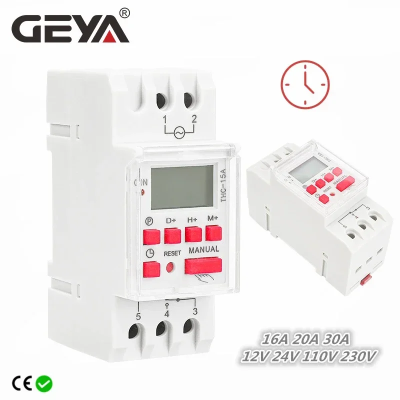 GEYA-LCD Interruptor de Tempo Digital, Temporizador Programável Semanal, Trilho DIN, THC, AC DC, 12V, 24V, 110V, 220V, 240V, 15A, 20A, 30A