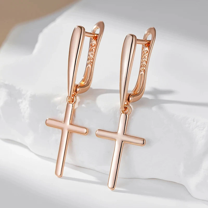 Wbmqda Simple Cross Drop Earrings For Women 585 Rose Gold Color High Quality Daily Jewelry Accessories