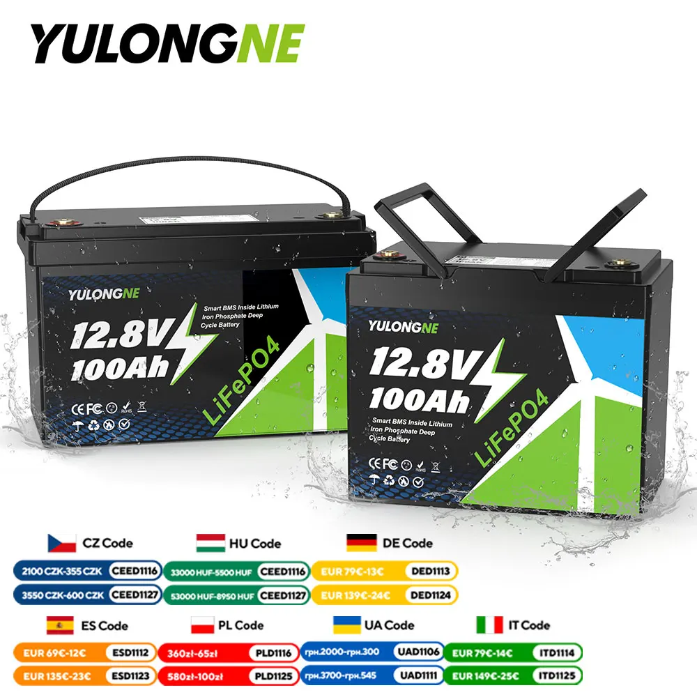 Batterie Lifepo4 Yulongne 12,8V 100Ah 1280Wh avec BMS intelligent intégré, batterie au lithium à décharge profonde pour énergie solaire, camping-car, bateau, stockage d'énergie hors réseau, entrepôt en Pologne