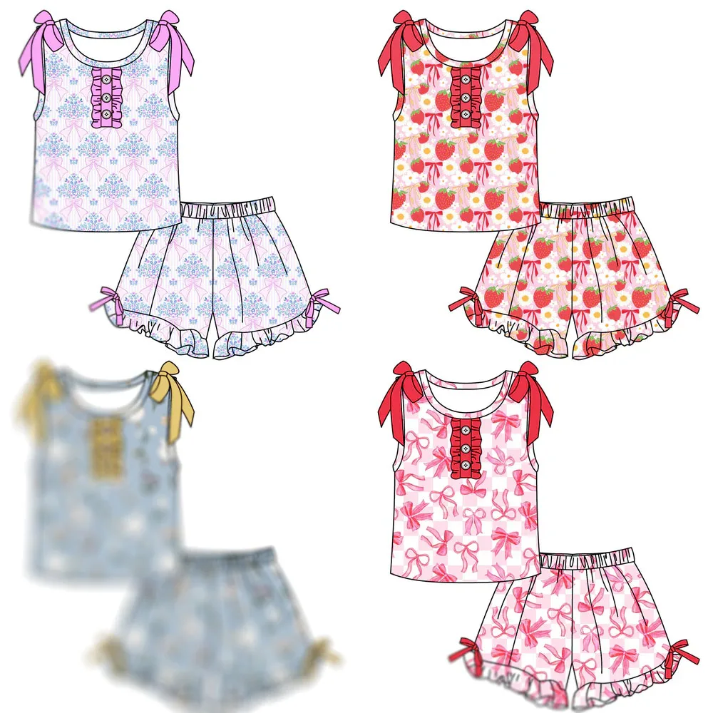 Wholesale Summer Girl Clothes Sleeveless Top Shorts Set Cartoon Floral Strawberry Bowknot Prints Girl Outifit Set