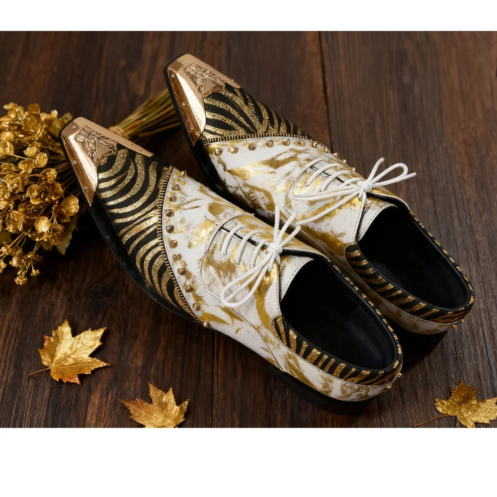 

Limited Edition Artistic Men's Shoes Gold Foil Zebra Print Metal Toe Handmade Luxury Leather Dress Shoes Avant-Garde Party Footw