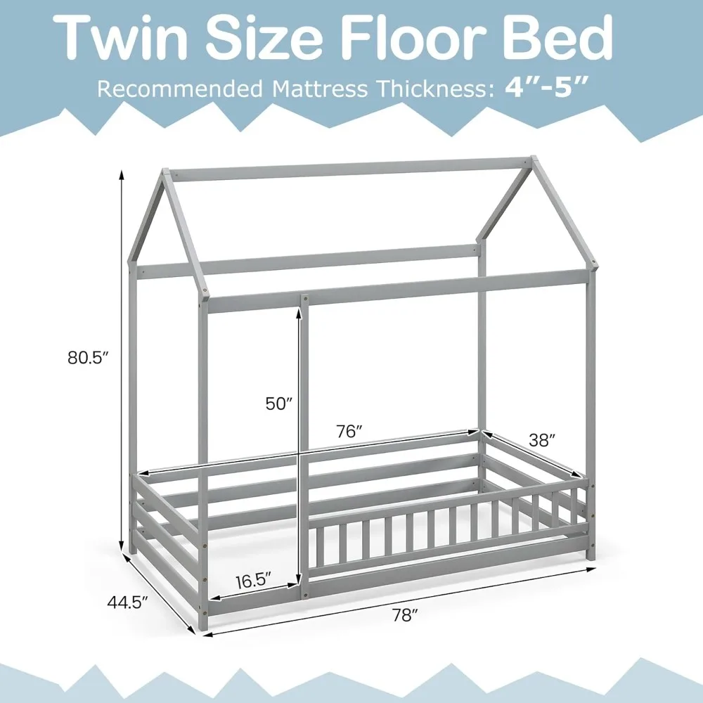 Twin Floor Bed with Fence, Wood Montessori Bed with Safety Guardrails and 80.5