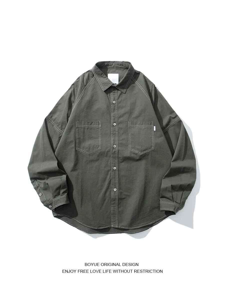 

Boyue Pure Cotton Long Sve irt Men's Collared Plain Color High Street Trend American Sle Youth Autumn Faion Casual S...