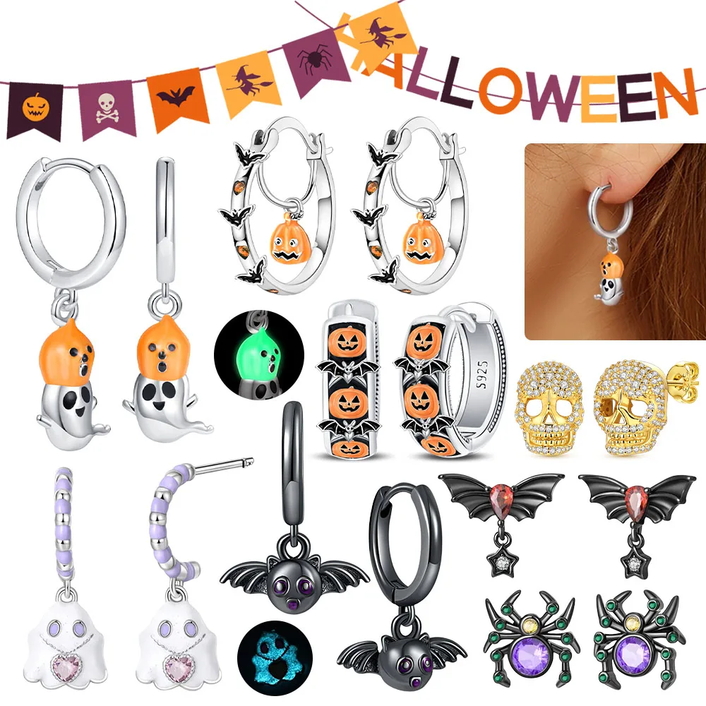 

Halloween Party Series 925 Sterling Silver Cute Luminous Pumpkin Ghost Earrings Dangle Earrings for Women Fashion Jewelry Gift