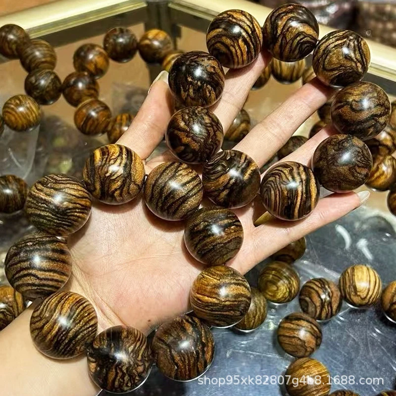 Natural Indonesian Agarwood 3.0 with Tiger Stripe Pattern, 108 Beads, Ethnic Style Couple's Bracelet