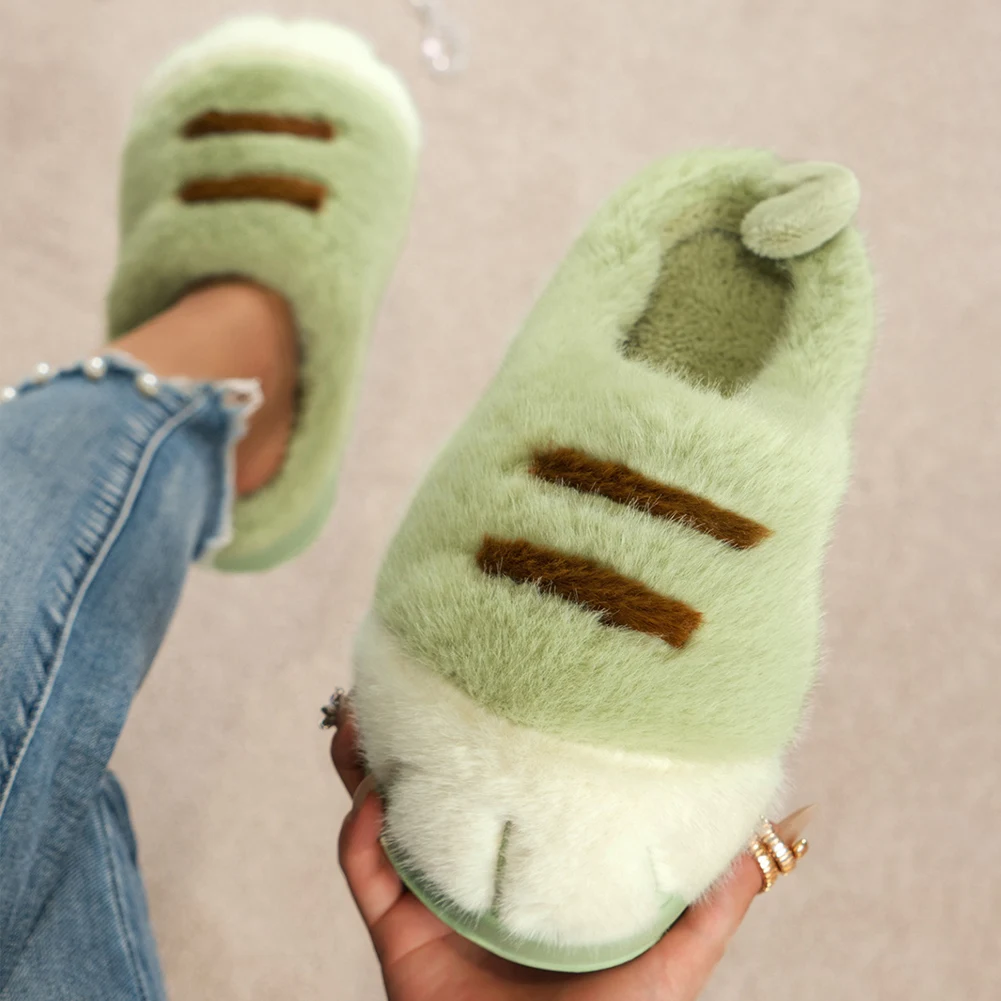 

Cat Paw Plush Slippers Women Flat Thermal Slippers Comfortable Fluffy Home Slippers Furry Paw Couple Slippers