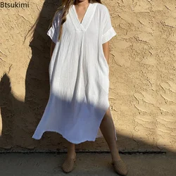 New Summer Beach Cover Ups for Swimwear Solid Kaftans V Neck Wrinkle Rayon Bohemian Maxi Dresses Swimwear Bathing Suits 2024