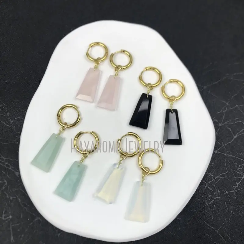 ER45479  Rose Quartz Black Obsidian Amazonite Opal Crystal Coffin Dangle Earrings 18k Gold Plated Stainless Steel Hoops Huggie