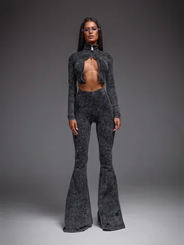 Women's Hoodie Set Solid Sexy Pants Set High Collar Zipper Cardigan Crop Tops Elastic Waist Flared Pant 2 Piece Sets Girl Outfit