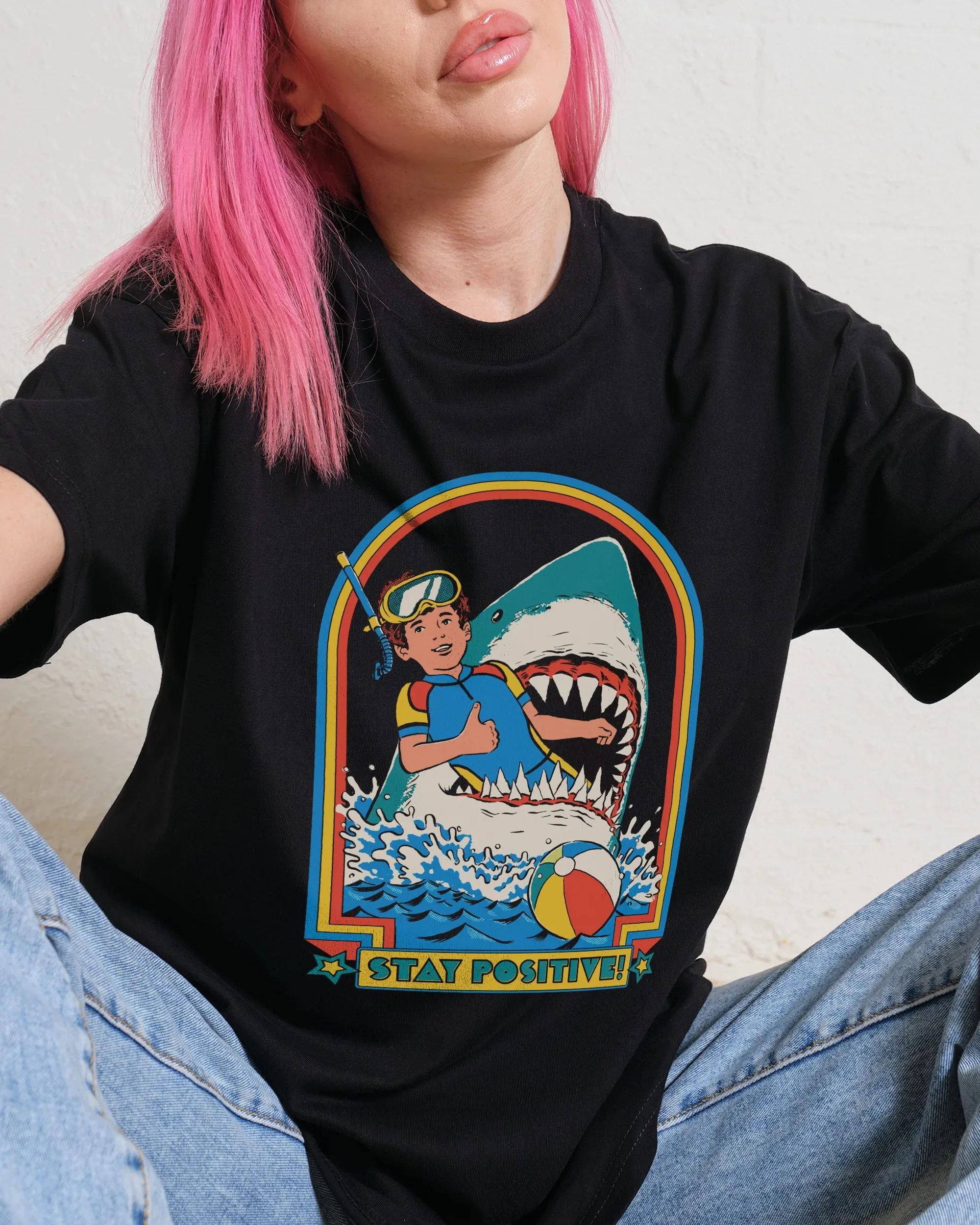 

Cotton Stay Positive Shark Tee Retro Fun Positive Graphic for Trendy Casual and Optimistic Vibes Halloween Tee All Saints' Day