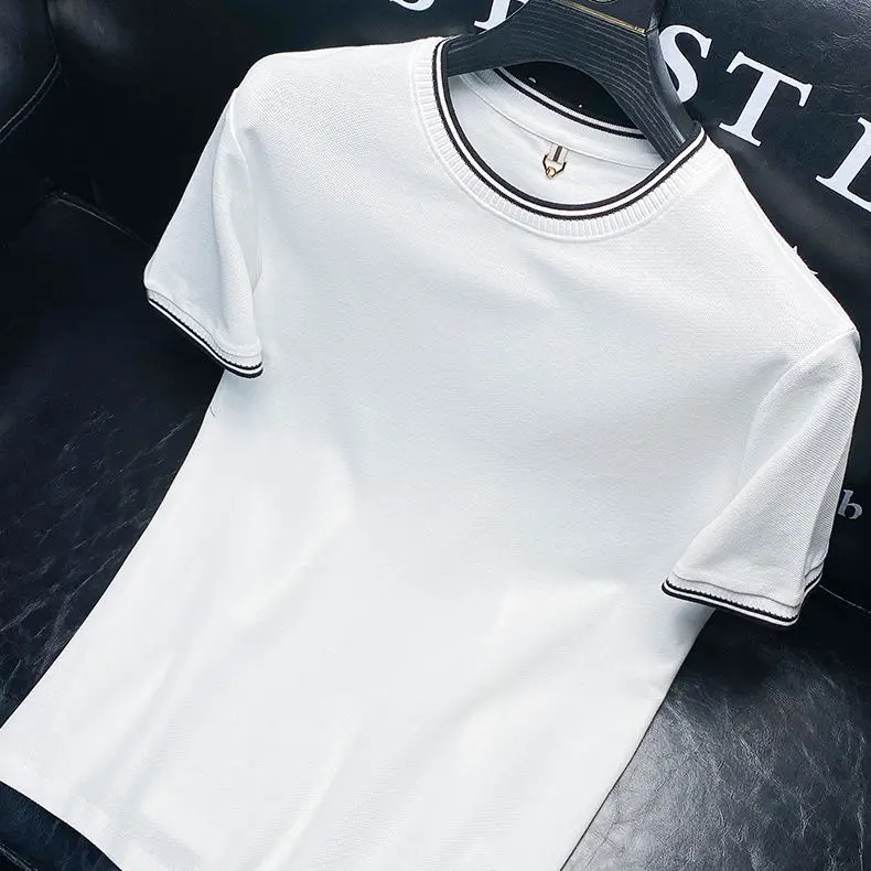 Summer thin honeycomb mesh 2023 round neck white t-shirt for men slim fit and versatile short sleeved T-shirt for men