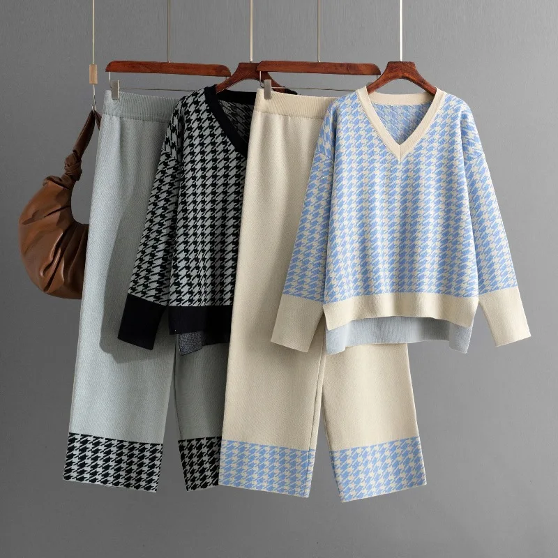 Autumn Winter Women's Knit Sweater 2 Piece Sets Womens Outfits V-neck Thick Warm Pullover Wide Leg Pants Two Piece Sets Women