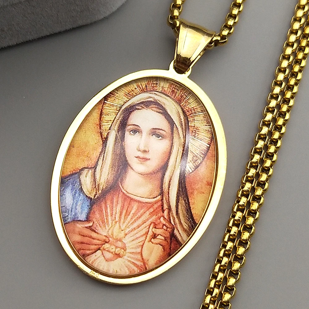 القلب المقدس مريم العذراء الزجاج البيضاوي ميدالية قلادة قلادة للنساء الرجال الفولاذ المقاوم للصدأ الفضة اللون الكاثوليكية تميمة المجوهرات #1