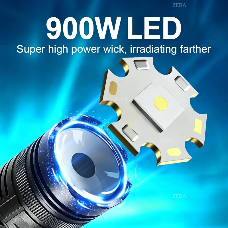 98000000LM Ultra Powerful 900W LED Flashlight Super Bright Type-C Rechargeable Portable Ultra Power Torch For Camping Fishing