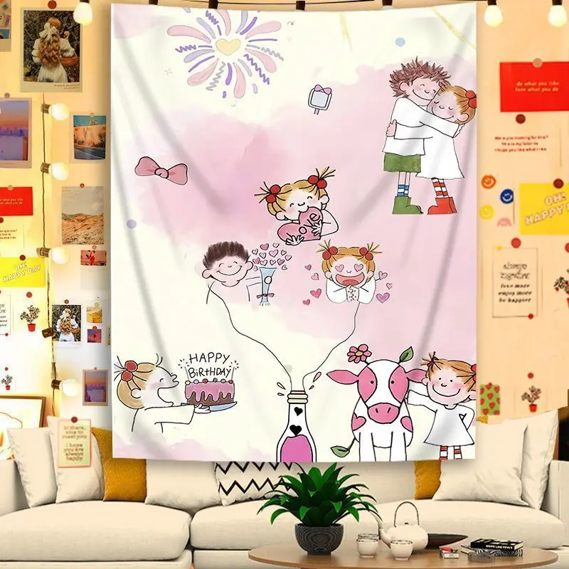 VIKAMA Pink Cute Cartoon Kids Tapestry, Kawaii Soft Wall Hanging, Sweet Girls Bedroom Dorm Decor Aesthetic Photo Backdrop Cloth