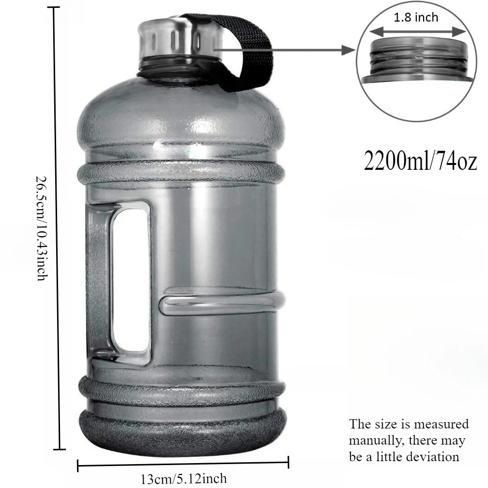 2.2L/73OZ زجاجة مياه نصف جالون كوب كبير مقاوم للتسرب رياضي طن مع مقبض حاوية مياه الشرب البلاستيكية لصالة الألعاب الرياضية في الهواء الطلق