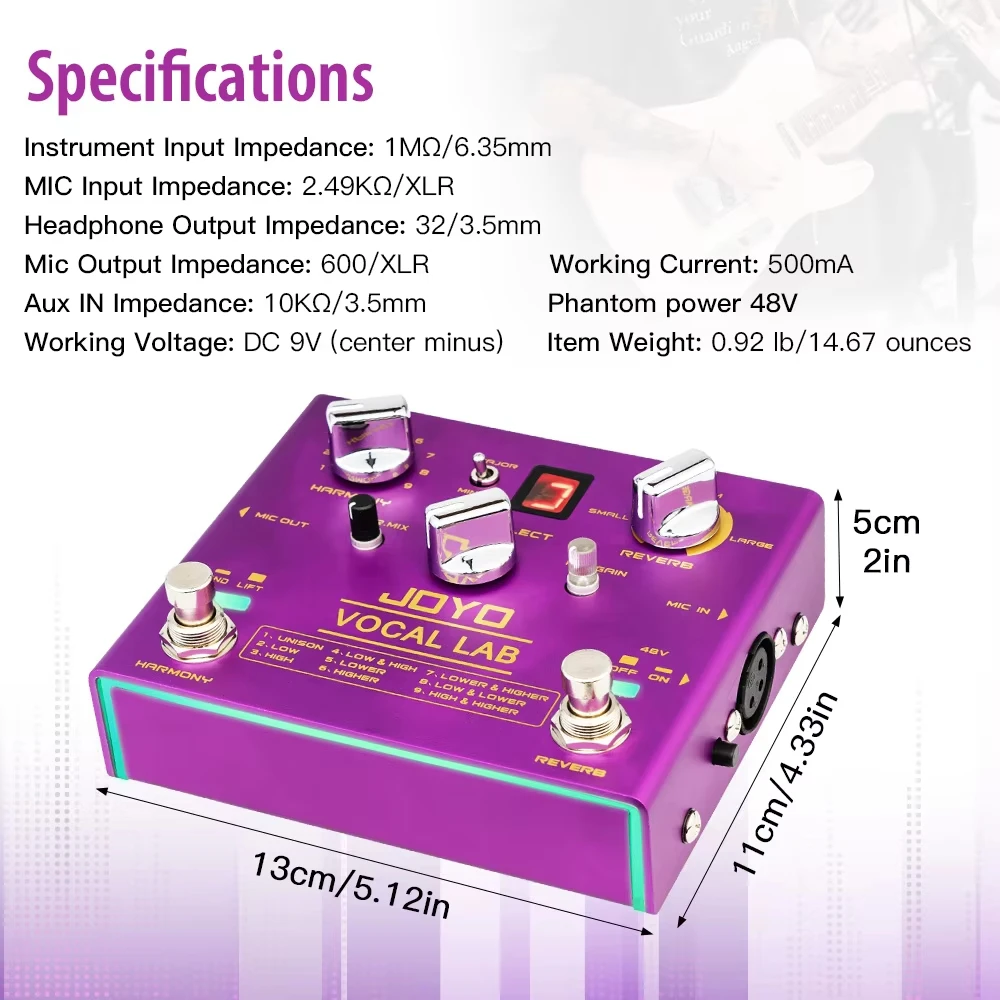 JOYO R-16 المؤثرات الصوتية دواسة ريفيرب جيتار المؤثر، 9 مواضع التناغم الصوتي، 2 هارمونيز إلى الحد الأقصى