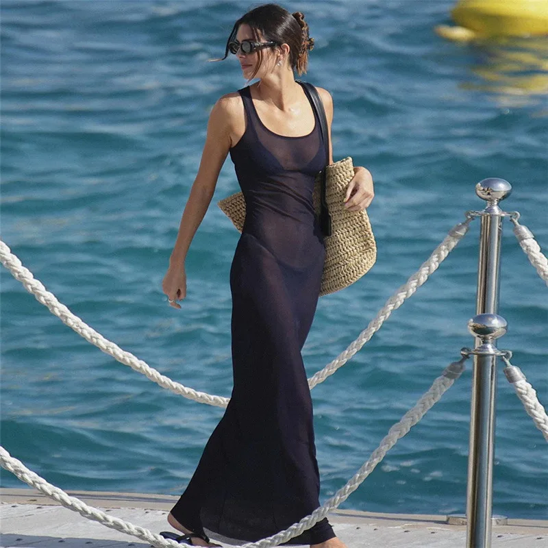 

DriftWear Sexy Perspective Mesh Holiday Dress Evening Dress See Through Slim Fit Solid Color Sleeveless Beach Wear Long Dresses