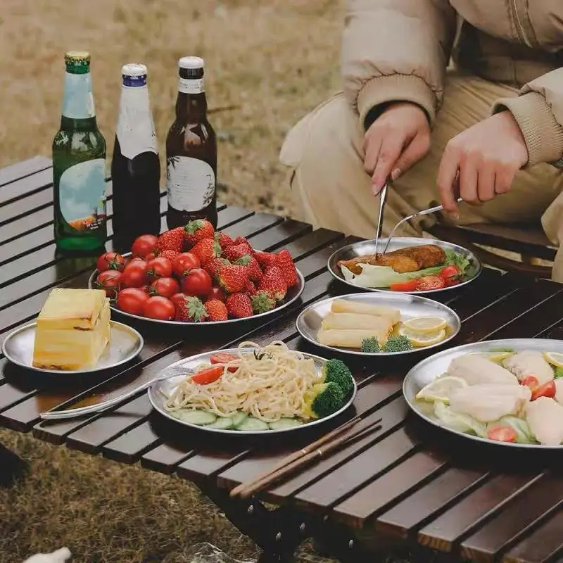 2Pcs Food Grade Stainless Steel Round Silver Plates Rust Proof Dinnerware for BBQ Camping Picnic Kids Adult Use