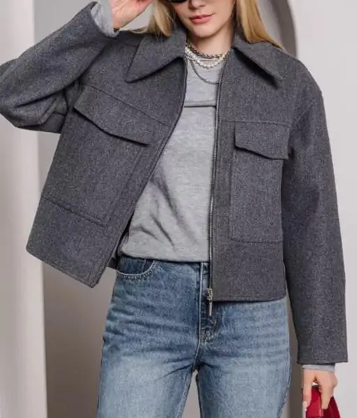 Abrigo de lana con bolsillos Top de manga larga 2025 Otoño e Invierno ropa diaria femenina nueva moda chaqueta de solapa recortada para mujer