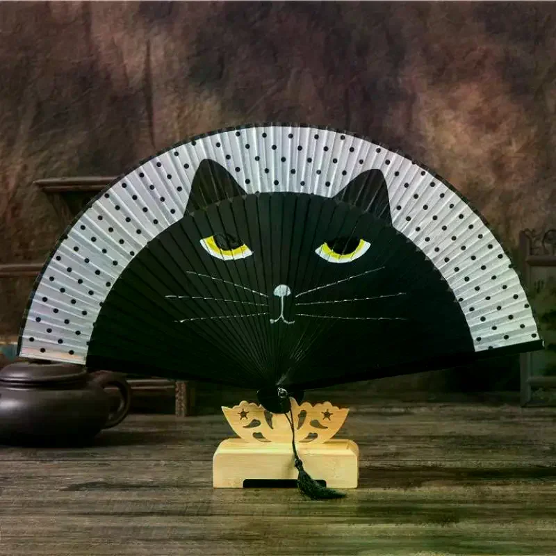 Cat Patterns Summer Gift Cartoon Bamboo Wooden Folding Fan Fan Crafts Silk Fan Home Decoration Exiquisite
